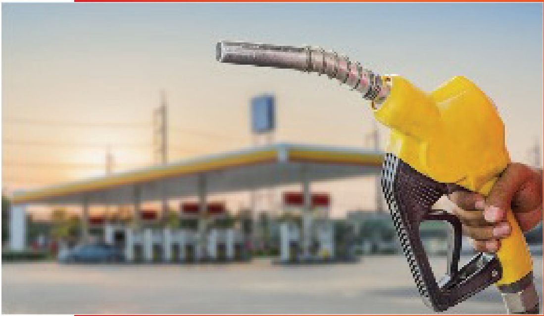 Filling station forecourt at sunset